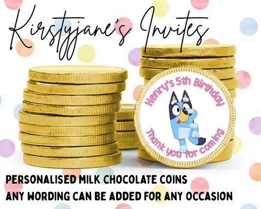 Personalised chocolate coins favours birthday party kids Boys girls bluey bingo