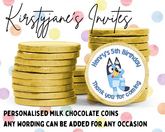 Personalised chocolate coins favours birthday party kids Boys girls bluey bingo