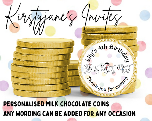 Personalised chocolate coins favours birthday party kids Boys girls 101 dalmatians disney