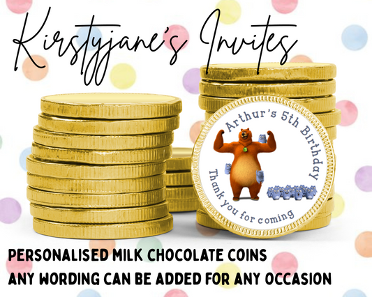 Personalised chocolate coins favours birthday party kids Boys girls grizzy and the lemmings