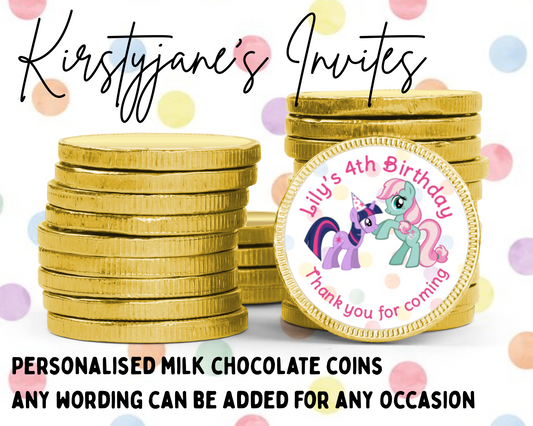 Personalised chocolate coins favours birthday party kids Boys girls my little pony