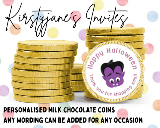 Personalised chocolate coins favours birthday party kids Boys girls Halloween vampire