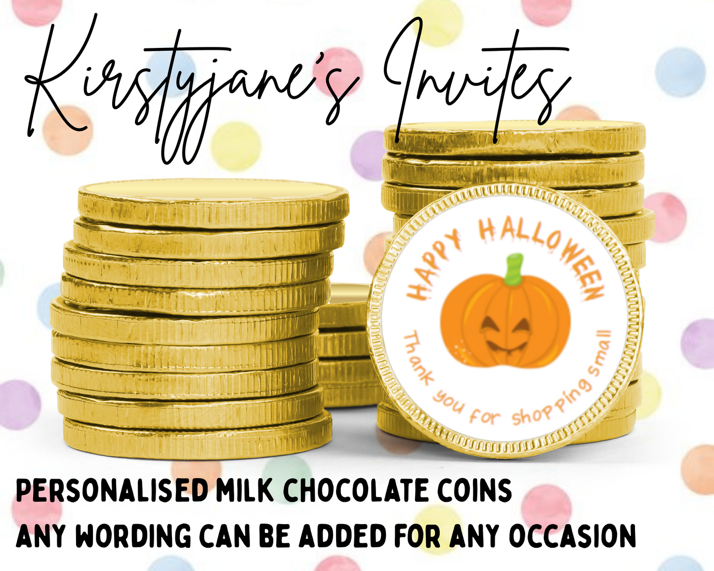 Personalised chocolate coins favours birthday party kids Boys girls Halloween pumpkin