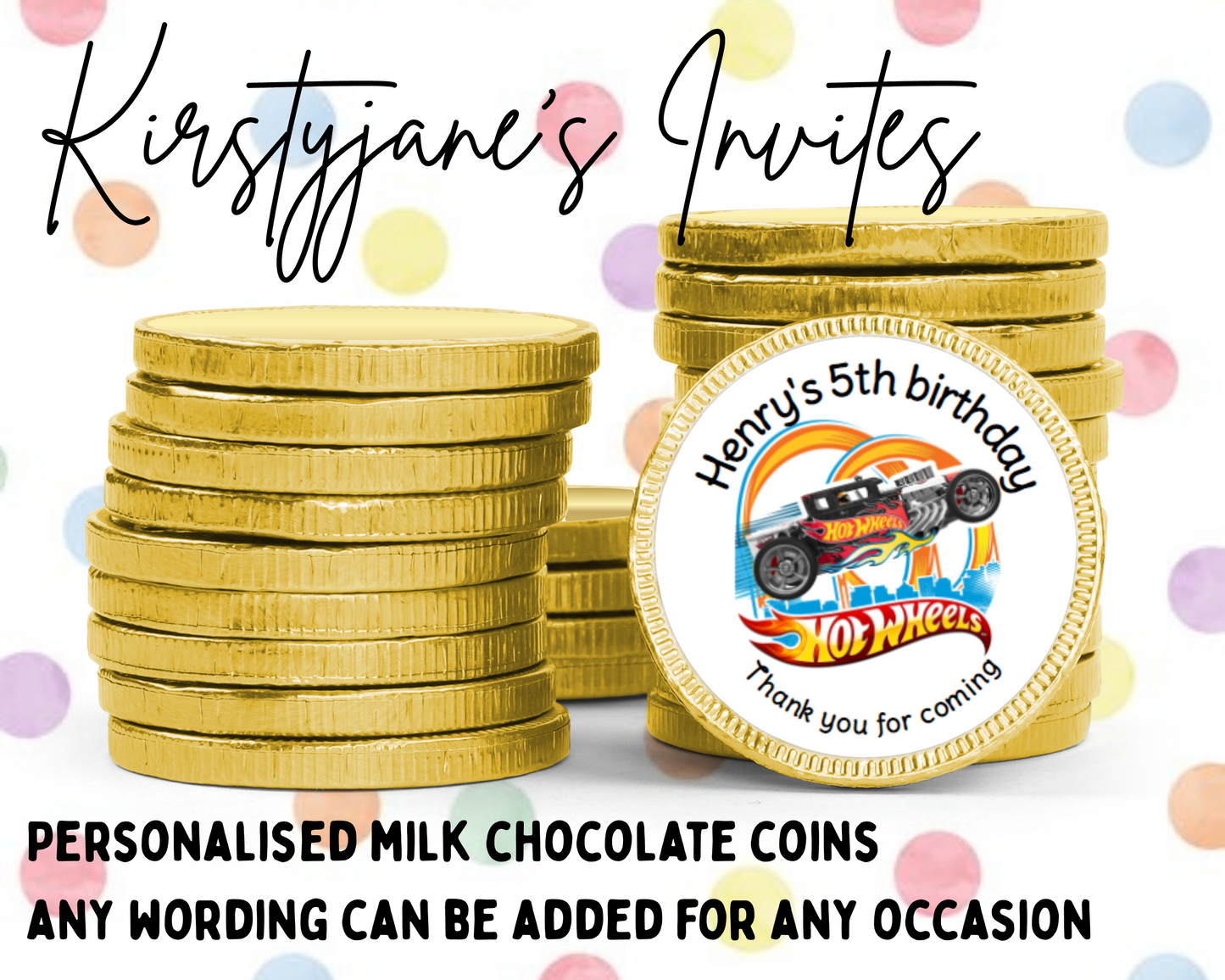 Personalised chocolate coins favours birthday party kids Boys girls hot wheels