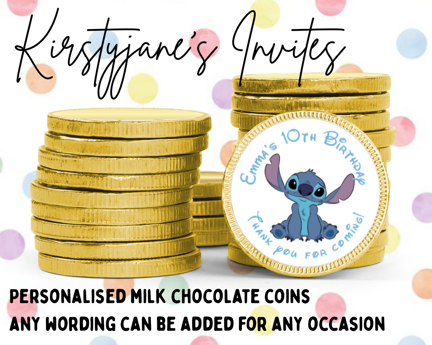 Personalised chocolate coins favours birthday party kids Boys girls disney stitch