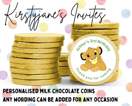 Personalised chocolate coins favours birthday party kids Boys girls The Lion King Simba