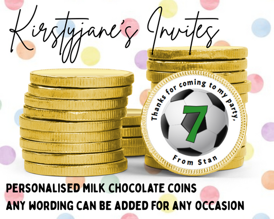 Personalised chocolate coins favours birthday party kids Boys girls football