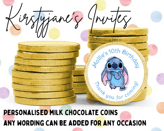 Personalised chocolate coins favours birthday party kids Boys girls disney stitch