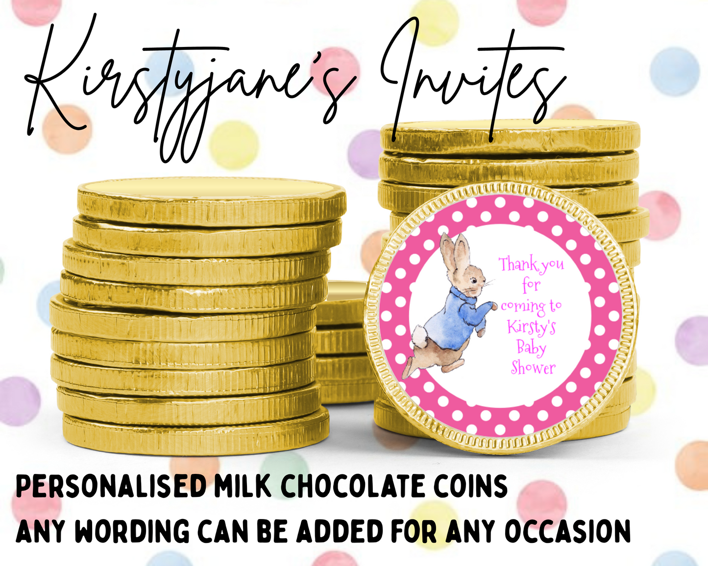 Personalised chocolate coins favours birthday party kids Boys girls Peter rabbit Christening baby shower