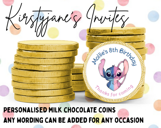 Personalised chocolate coins favours birthday party kids Boys girls Disney stitch