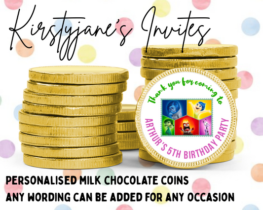 Personalised chocolate coins favours birthday party kids Boys girls inside out