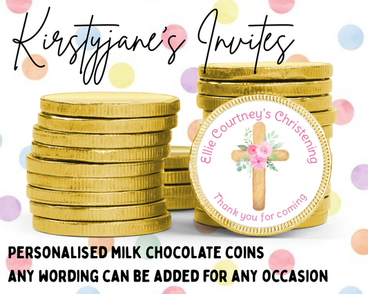 Personalised chocolate coins favours birthday party kids Boys girls Christening Baptism cross flowers