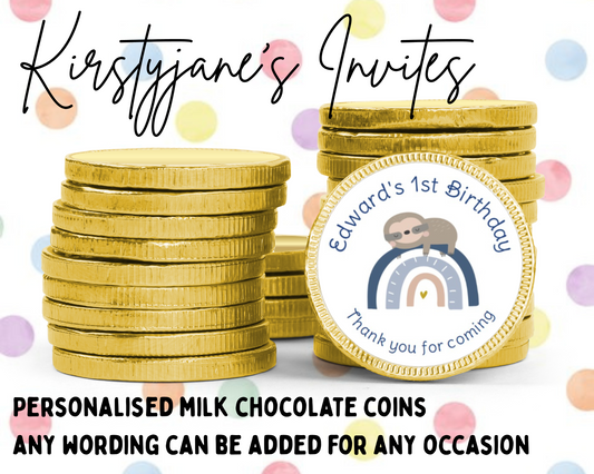 Personalised chocolate coins favours birthday party kids Boys girls Christening Baptism Baby Shower classic rainbow sloth
