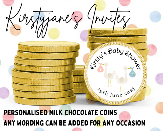 Personalised chocolate coins favours birthday party kids Boys girls Christening Baptism Baby Shower stork unisex pink blue