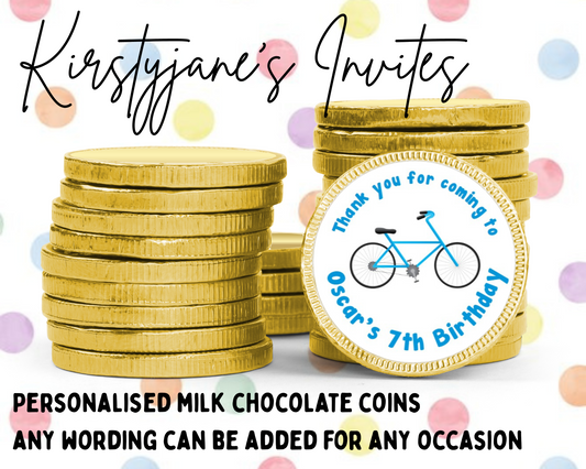 Personalised chocolate coins favours birthday party kids Boys girls Bicycle