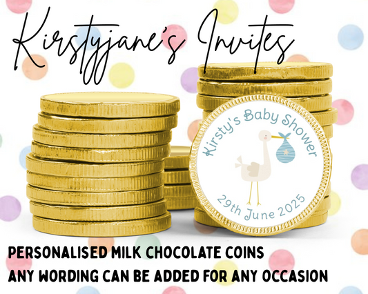 Personalised chocolate coins favours birthday party kids Boys girls Christening Baptism Baby Shower stork blue