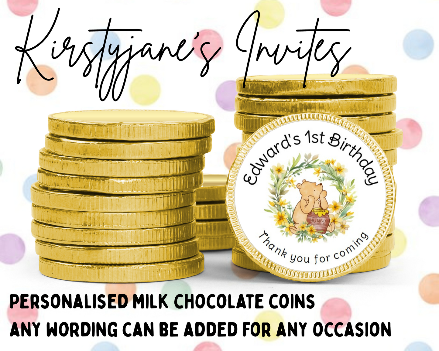 Personalised chocolate coins favours birthday party kids Boys girls Christening Baptism Baby Shower classic winnie the pooh