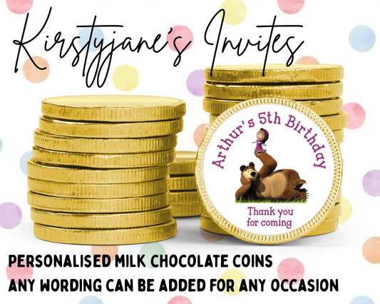 Personalised chocolate coins favours birthday party kids Boys girls masha and the bear
