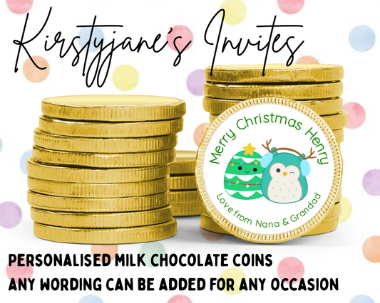 Personalised chocolate coins favours birthday party kids Boys girls chirstmas squishmallows