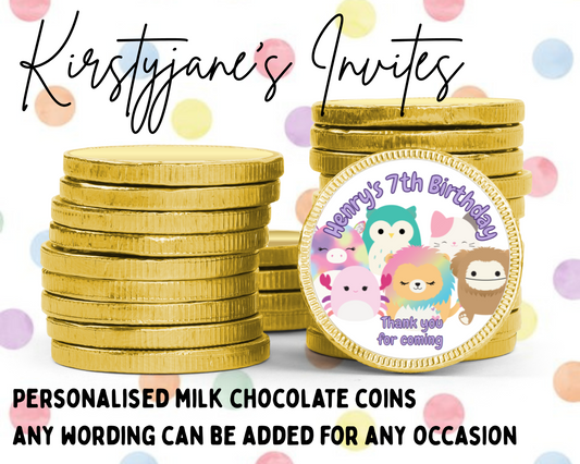 Personalised chocolate coins favours birthday party kids Boys girls squishmallows