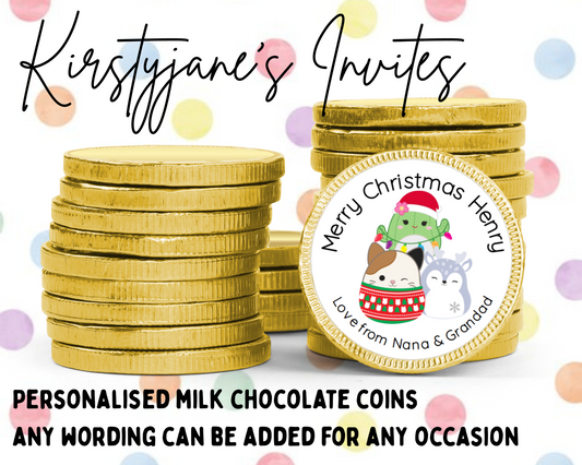 Personalised chocolate coins favours birthday party kids Boys girls chirstmas squishmallows