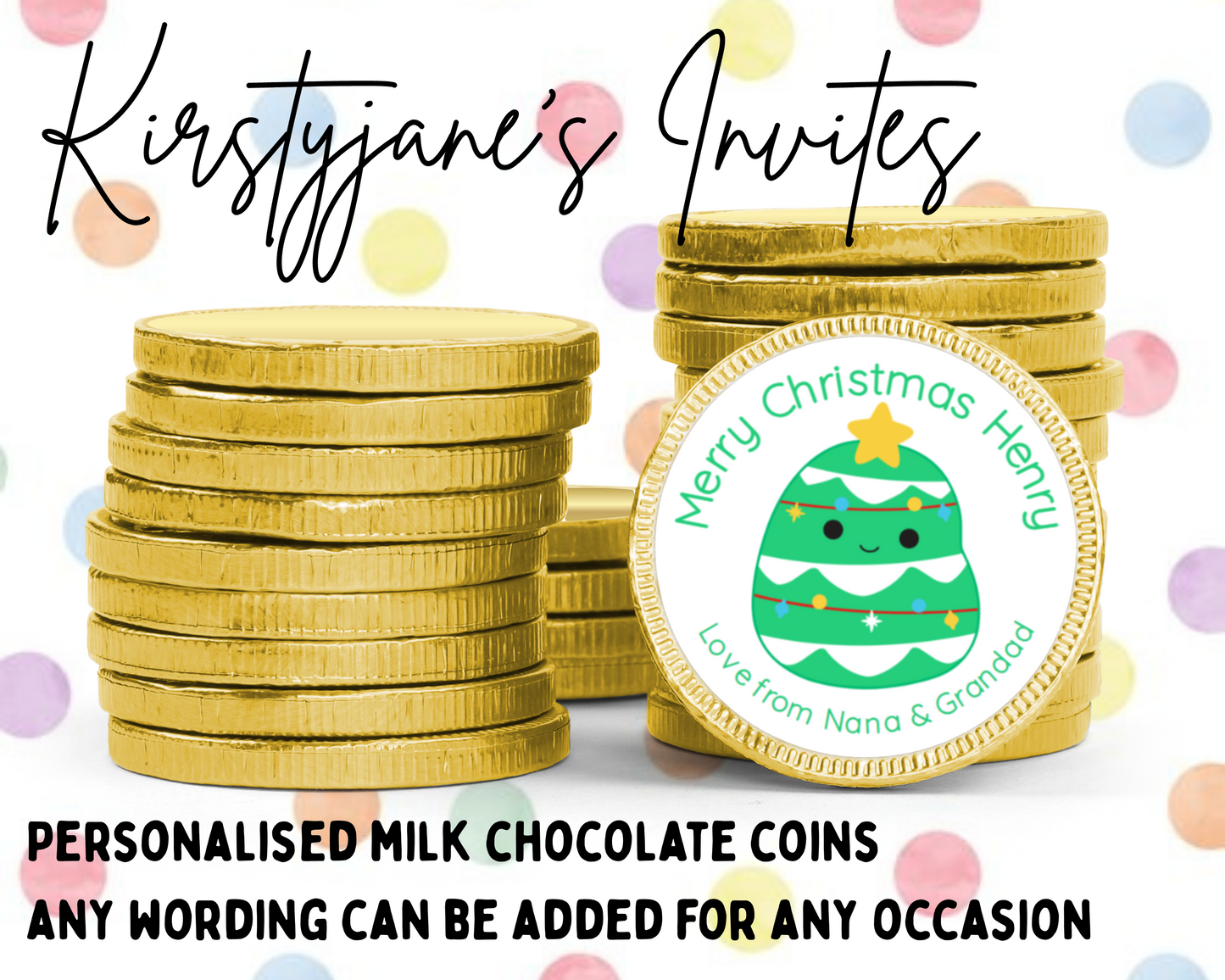 Personalised chocolate coins favours birthday party kids Boys girls chirstmas squishmallows