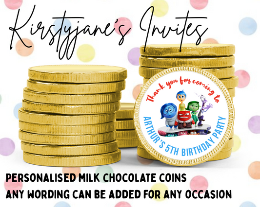 Personalised chocolate coins favours birthday party kids Boys girls inside out