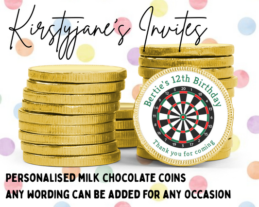 Personalised chocolate coins favours birthday party kids Boys girls mens womens darts dartboard