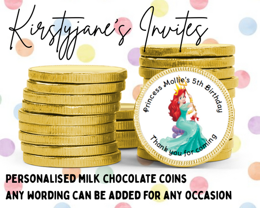 Personalised chocolate coins favours birthday party kids Boys girls Disney princess ariel the little mermaid