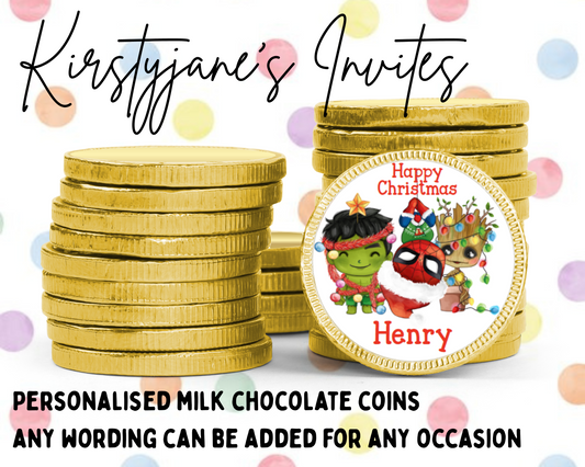 Personalised chocolate coins favours birthday party kids Boys girls marvel avengers Christmas