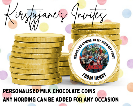 Personalised chocolate coins favours birthday party kids Boys girls marvel avengers
