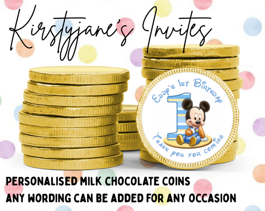 Personalised chocolate coins favours birthday party kids Boys girls mickey mouse Disney 1st baby