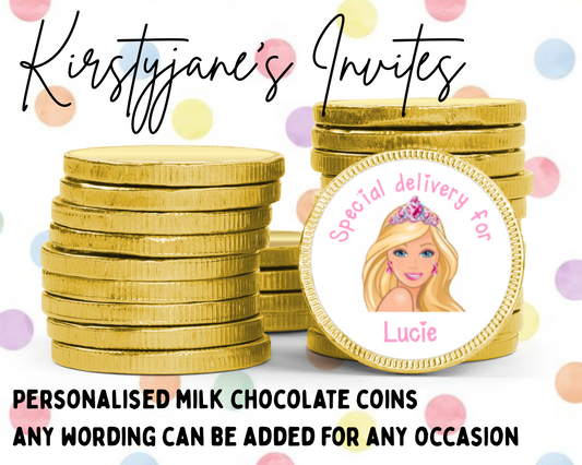 Personalised chocolate coins favours birthday party kids Boys girls barbie