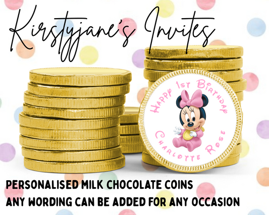 Personalised chocolate coins favours birthday party kids Boys girls Disney minnie mouse baby shower 1st