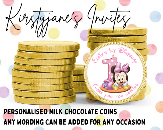 Personalised chocolate coins favours birthday party kids Boys girls Disney minnie mouse baby 1st