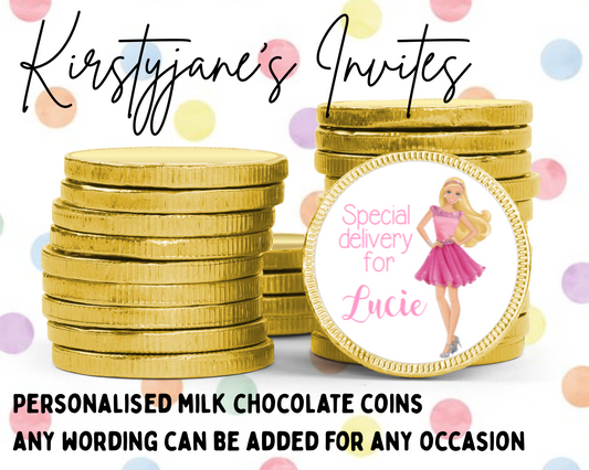 Personalised chocolate coins favours birthday party kids Boys girls barbie