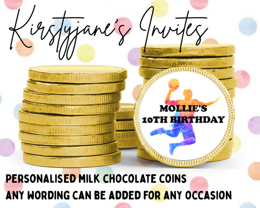 Personalised chocolate coins favours birthday party kids Boys girls basketball