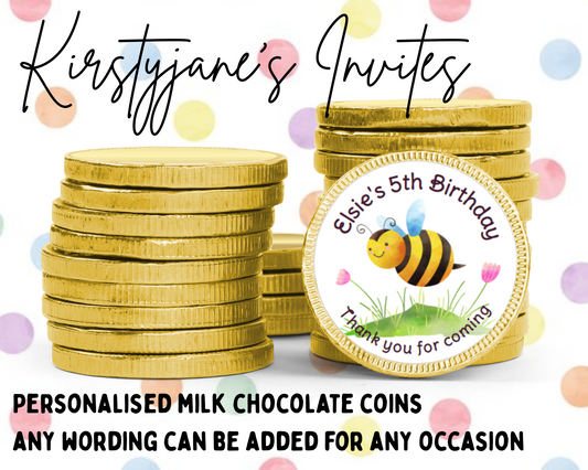 Personalised chocolate coins favours birthday party kids Boys girls Bumble bee