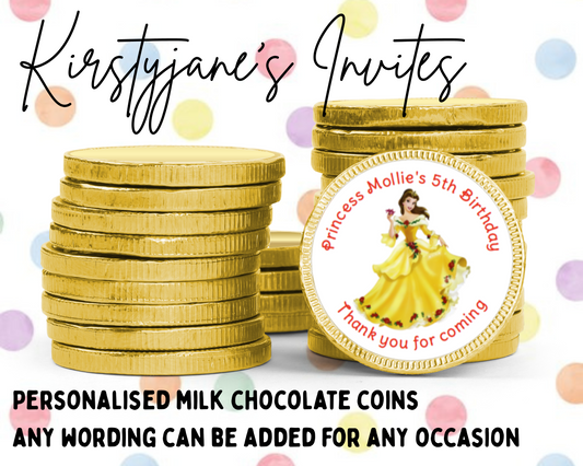 Personalised chocolate coins favours birthday party kids Boys girls Disney princess beauty and the beast belle