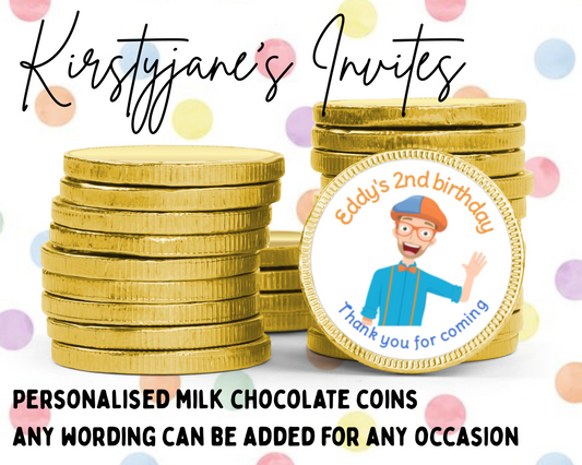 Personalised chocolate coins favours birthday party kids Boys girls blippi