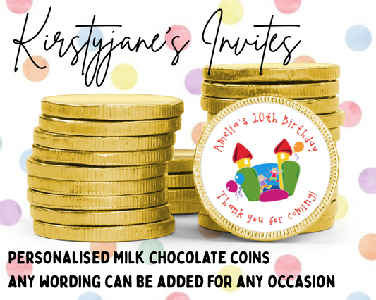 Personalised chocolate coins favours birthday party kids Boys girls bouncy castle