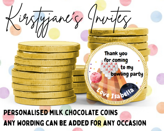 Personalised chocolate coins favours birthday party kids Boys girls bowling