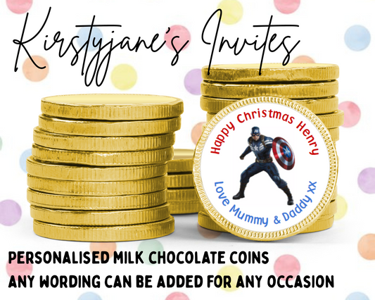 Personalised chocolate coins favours birthday party kids Boys girls captain America