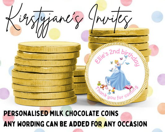 Personalised chocolate coins favours birthday party kids Boys girls Disney princess cinderella