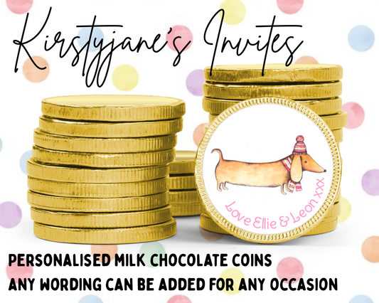 Personalised chocolate coins favours birthday party kids Boys Girls Christmas school teachers xmas dachshund dog