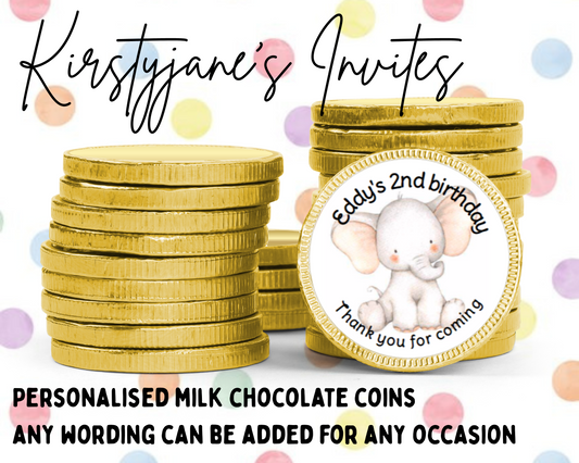Personalised chocolate coins favours birthday party kids Boys girls elephant baby shower Christening