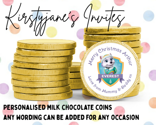 Personalised chocolate coins favours birthday party kids Boys girls paw patrol everest