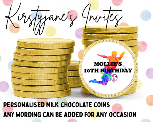 Personalised chocolate coins favours birthday party kids Boys girls football