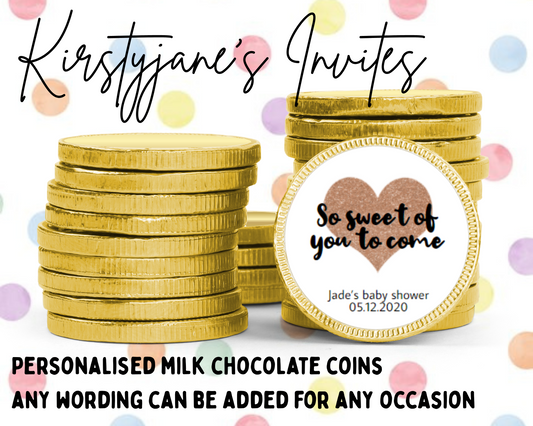 Personalised chocolate coins favours birthday party heart baby shower Christening