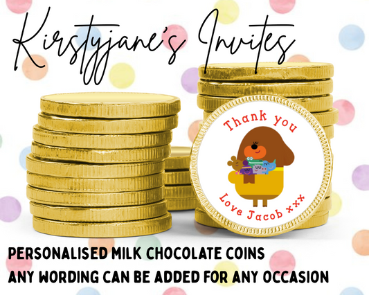Personalised chocolate coins favours birthday party kids Boys Girls hey duggee
